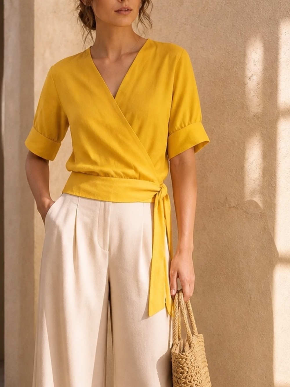 Trina Turk Chic Mood Lifting Bright Yellow Wrap Blouse Cotton & Silk Resort